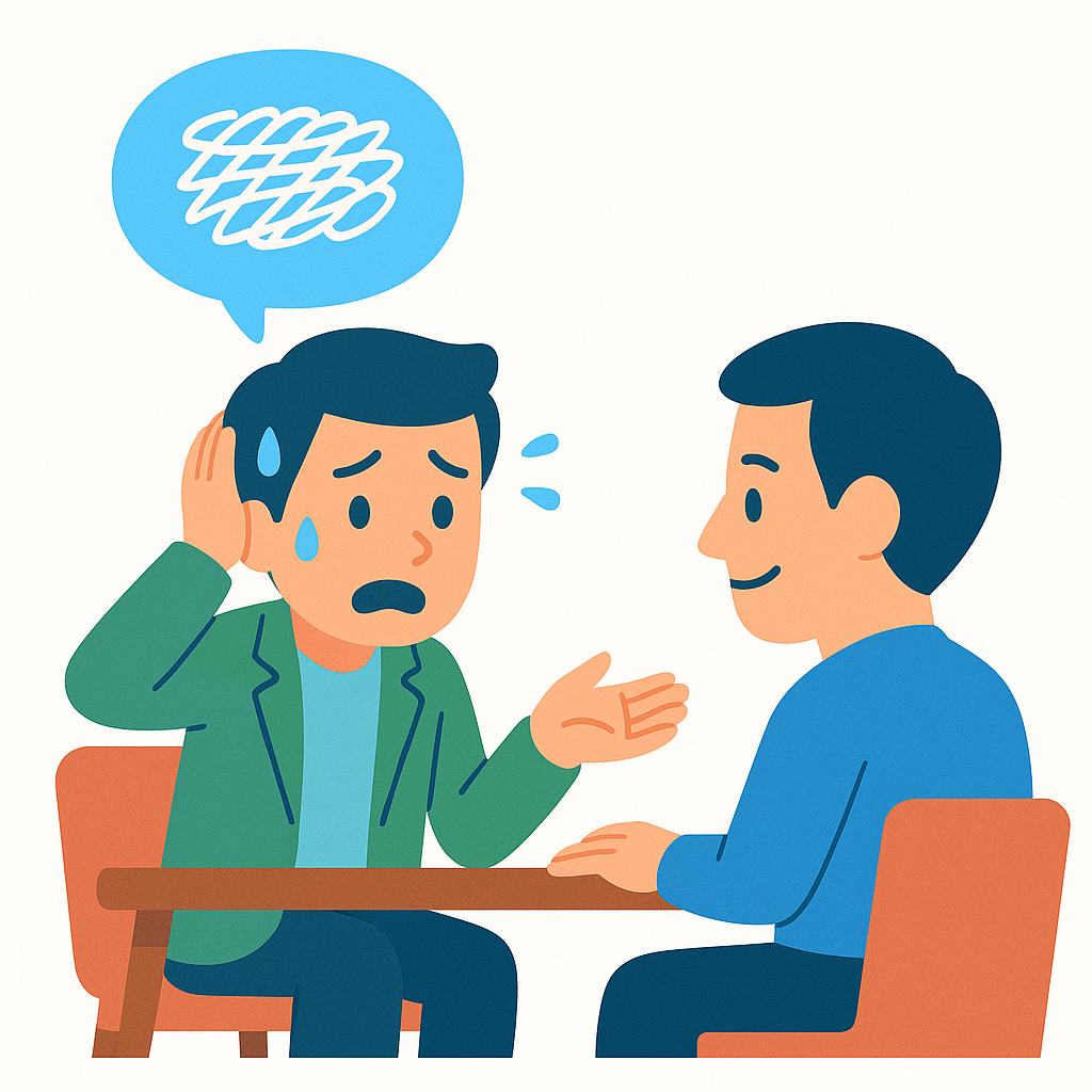 緊張してうまく話せない問題を表現したイラスト